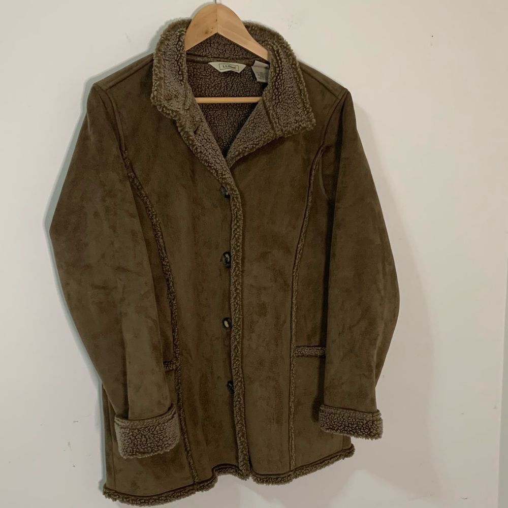 LL Bean Faux Suede Sherpa Lined Shearling Women's Coat Brown Size Small Regular